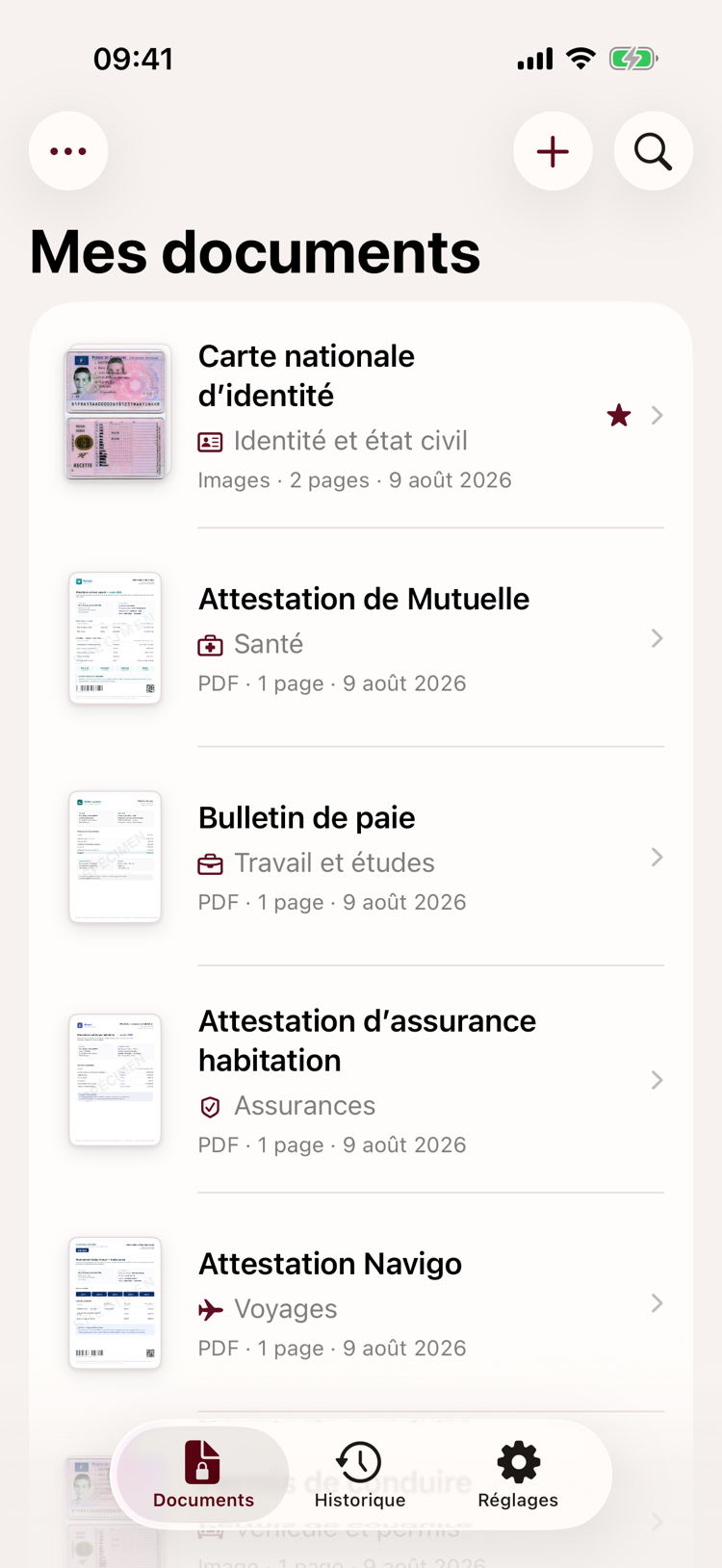 Liste Mes documents dans Seala avec pièces d’identité, mutuelle et justificatifs