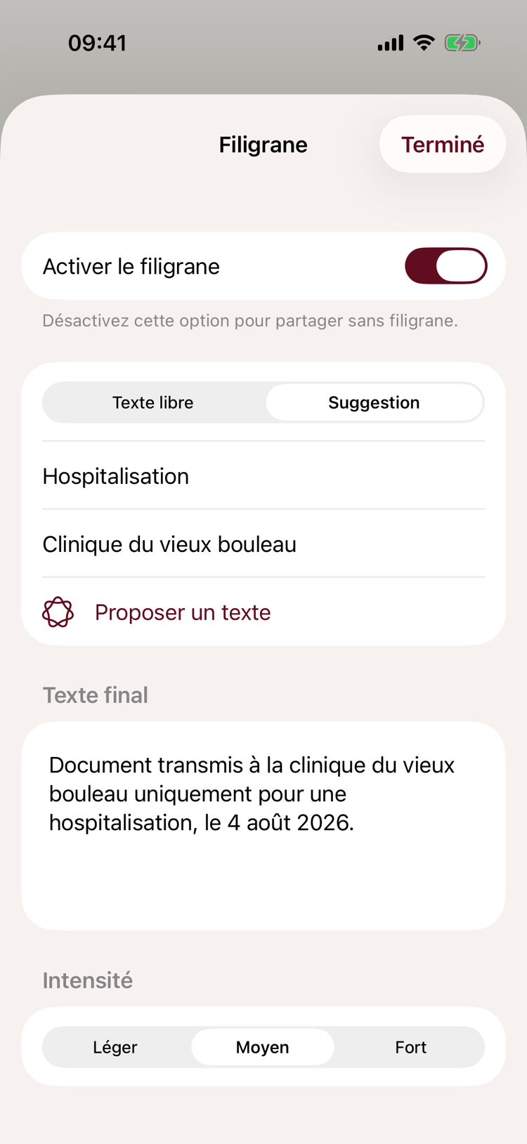 Filigrane personnalisé avec destinataire, motif, texte généré et intensité