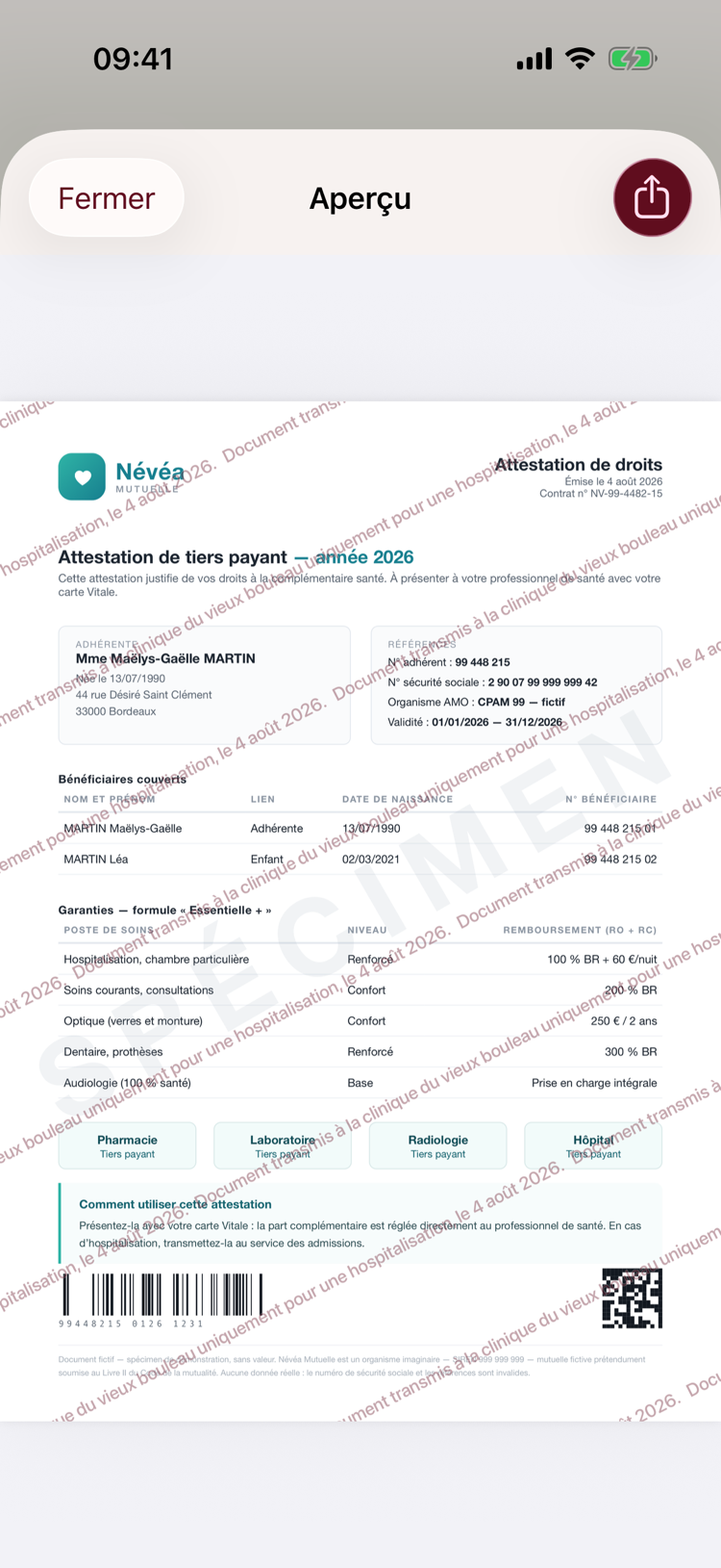 Aperçu d’un document protégé avant l’ouverture de la feuille de partage