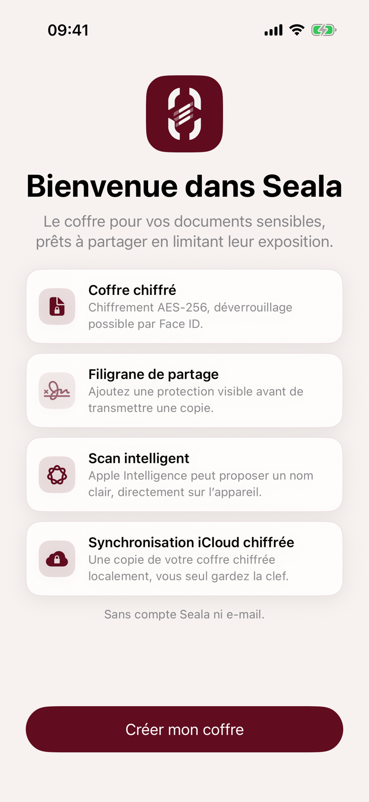 Écran de bienvenue Seala présentant le coffre chiffré et les protections de partage