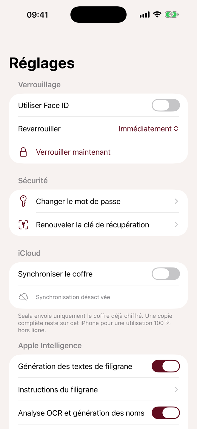 Réglages de sécurité, iCloud et Apple Intelligence dans Seala